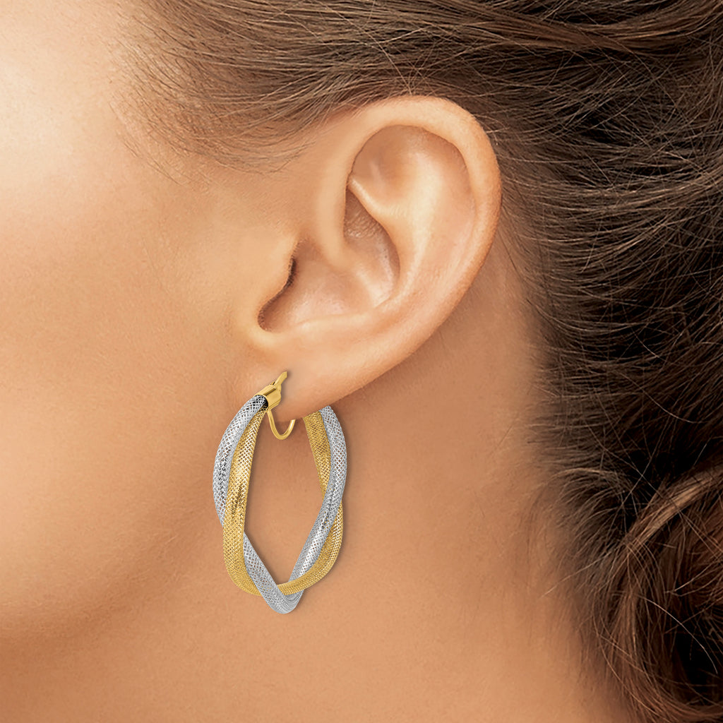 14K w/Rhodium Braided Mesh Stretch Hoop Earrings