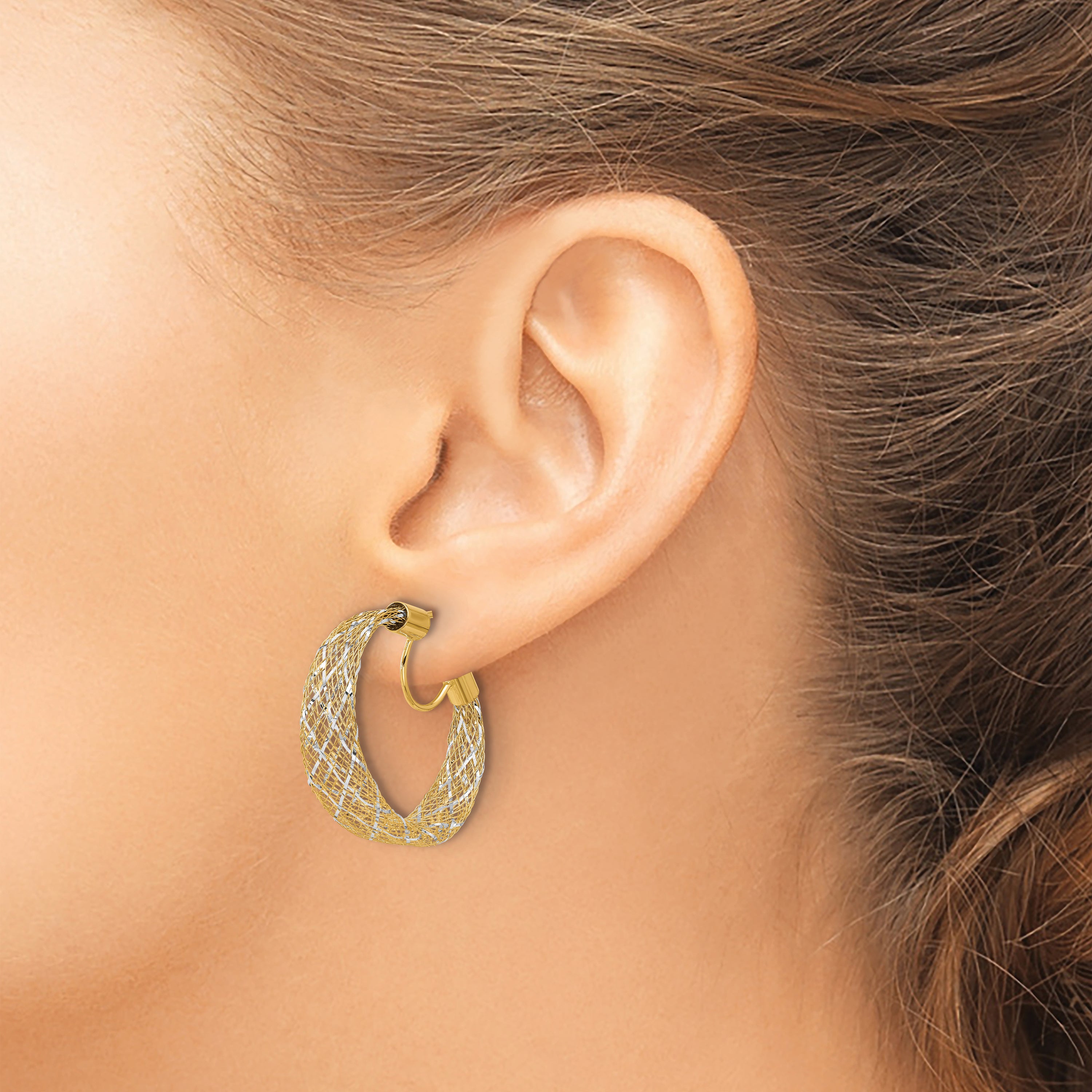14K w/Rhodium Braided Mesh Stretch Post Hoop Earrings