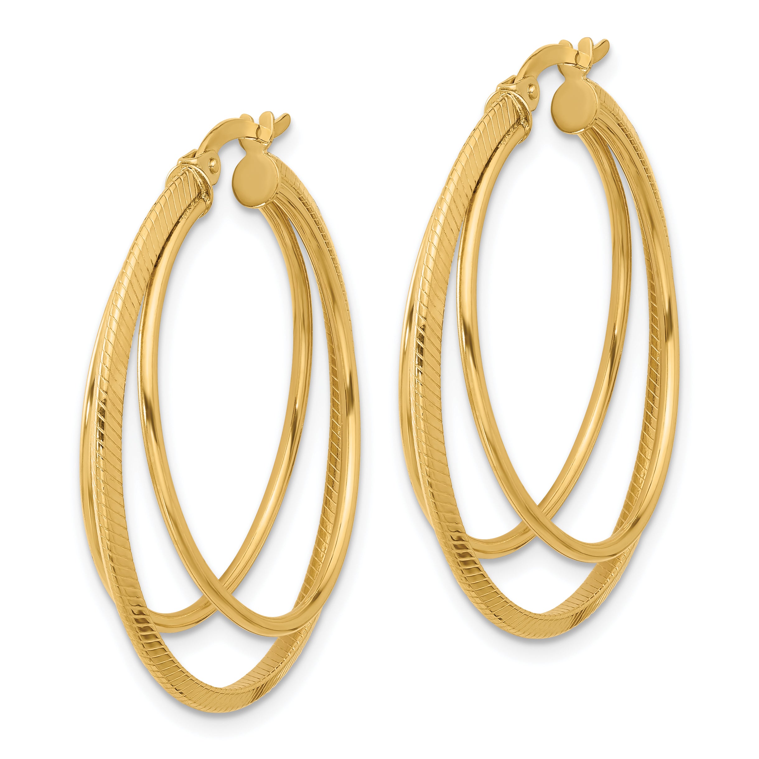 14K Polished and Textured Triple Row Hoop Earrings Secondary image