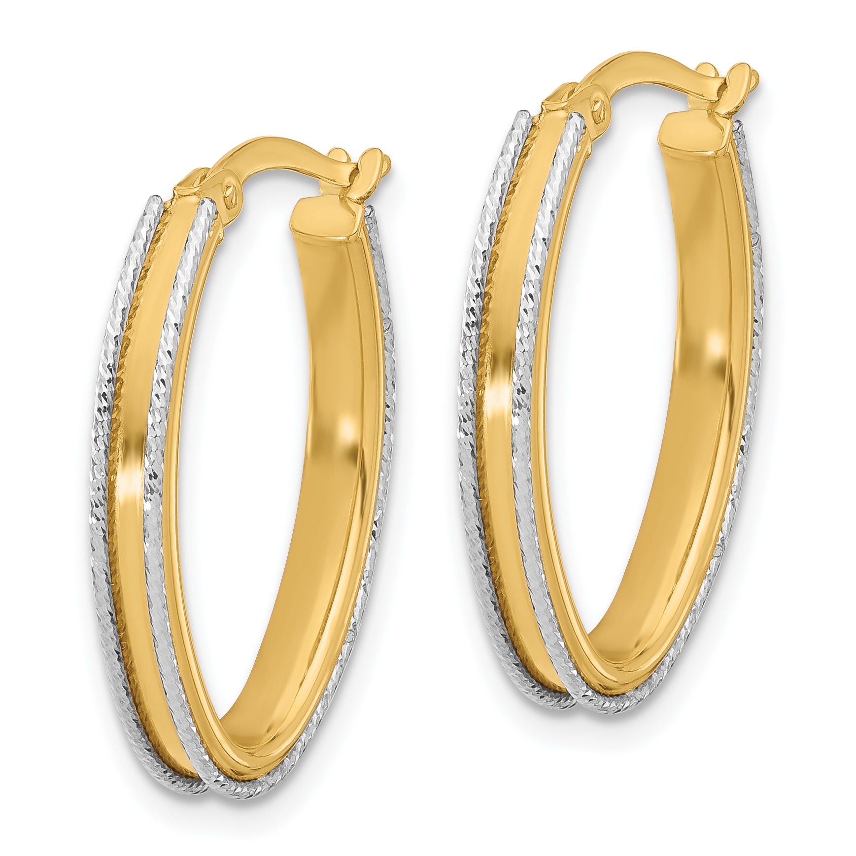 14K Two-tone Polished and Diamond-cut Oval Hoop Earrings Secondary image