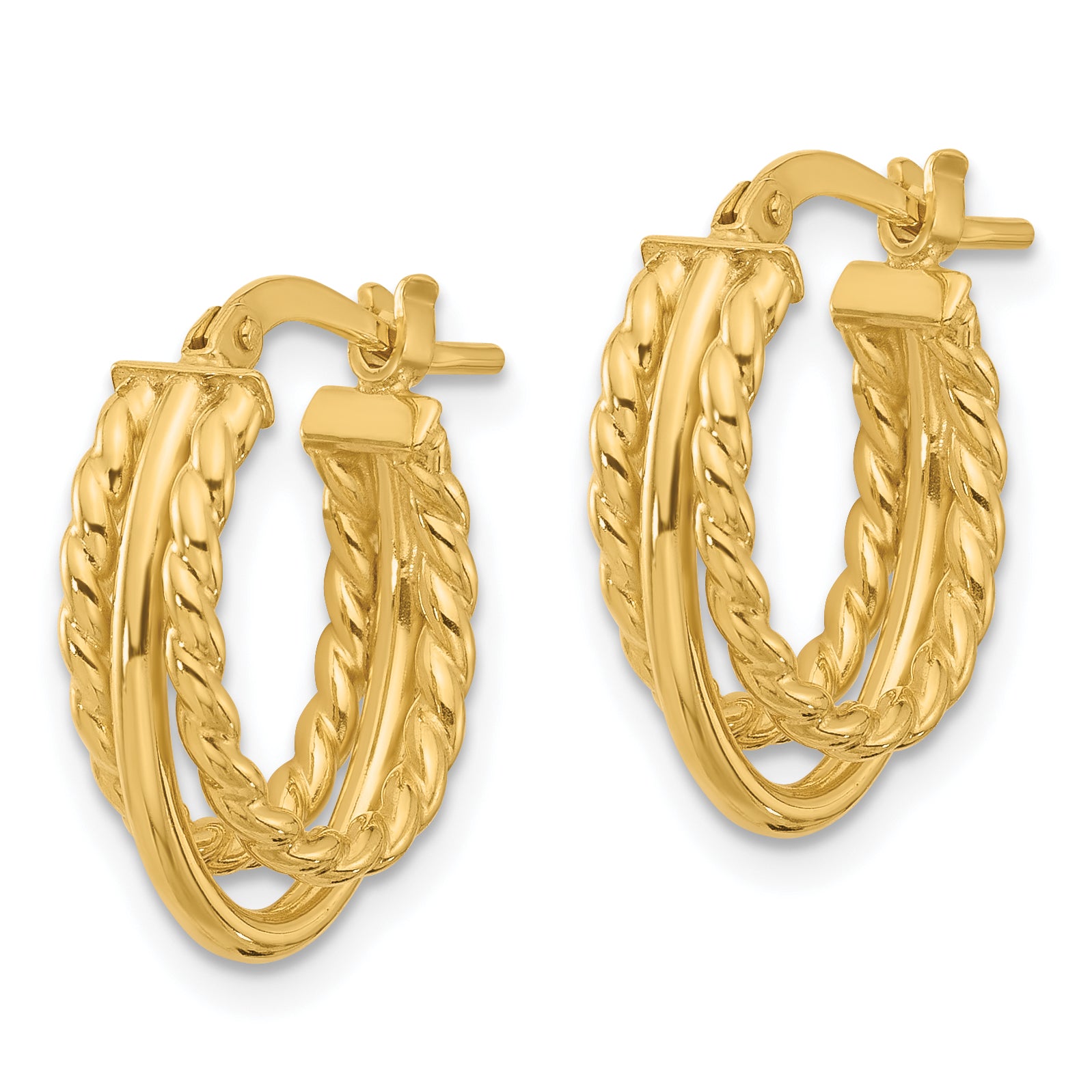 14K Polished and Textured 3-Row J-Hoop Post Earrings Secondary image