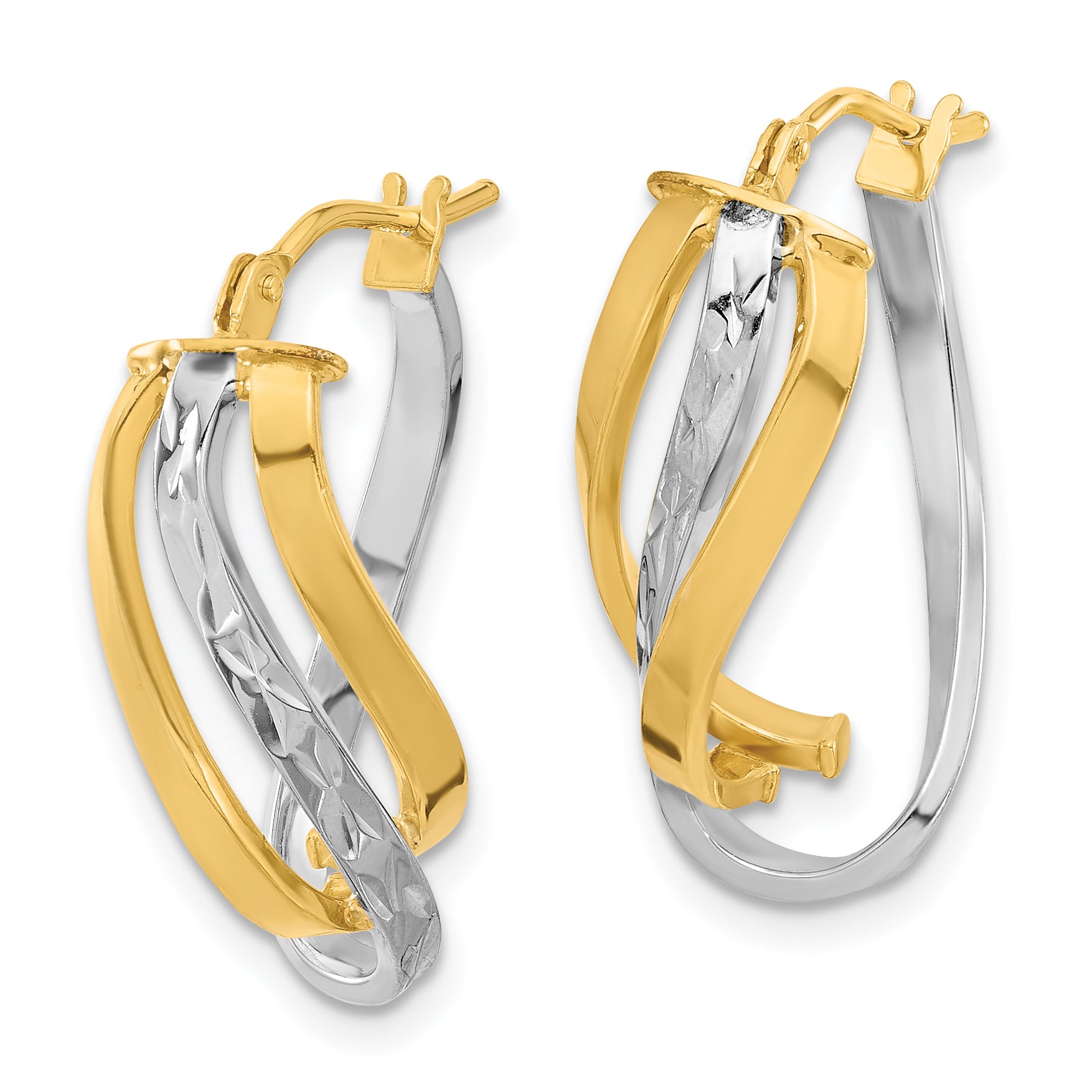 14K w/White Rhodium Polished and D/C Fancy Hoop Earrings Secondary image