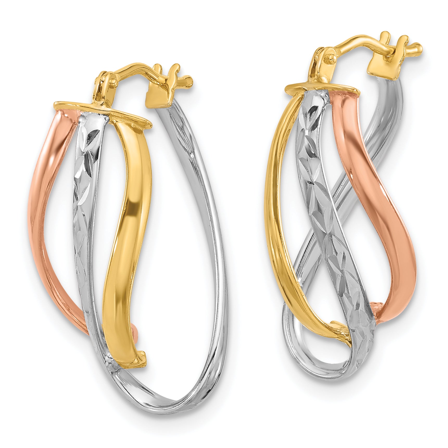 14K with White Rhodium and Rose Gold Plating Polished and Diamond-cut Fancy Hoop Earrings Secondary image