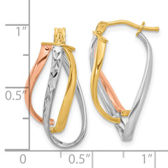 14K with White Rhodium and Rose Gold Plating Polished and Diamond-cut Fancy Hoop Earrings