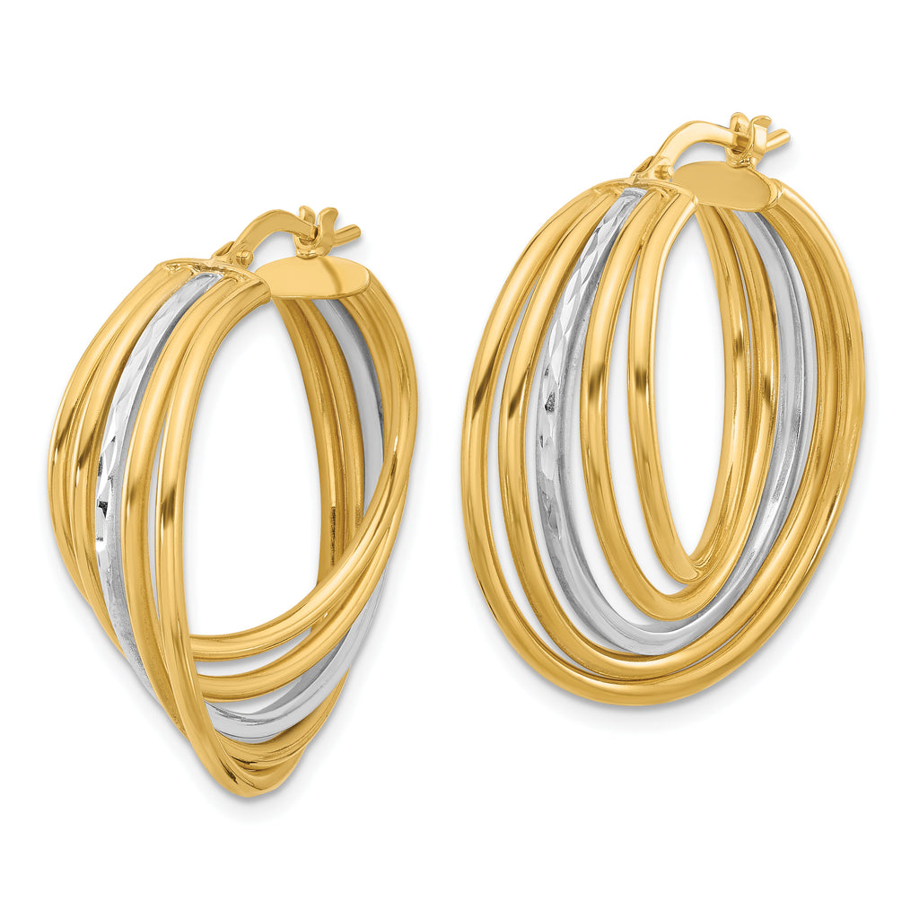 14K w/White Rhodium Polished and D/C Fancy Hoop Earrings