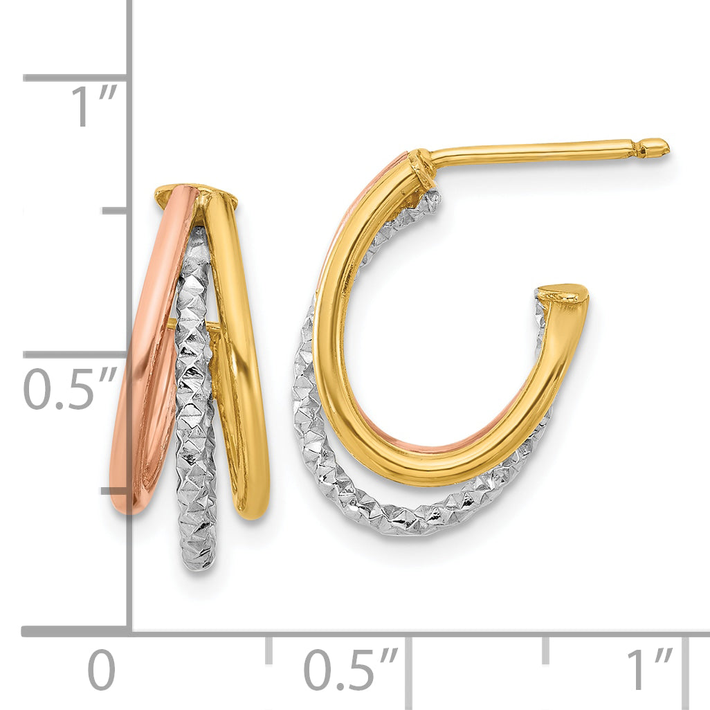 14K with White Rhodium and Rose Gold Plating Textured 3 Row Post J-Hoop Earrings
