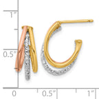 14K with White Rhodium and Rose Gold Plating Textured 3 Row Post J-Hoop Earrings