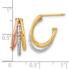 14K with White Rhodium and Rose Gold Plating Textured 3 Row Post J-Hoop Earrings