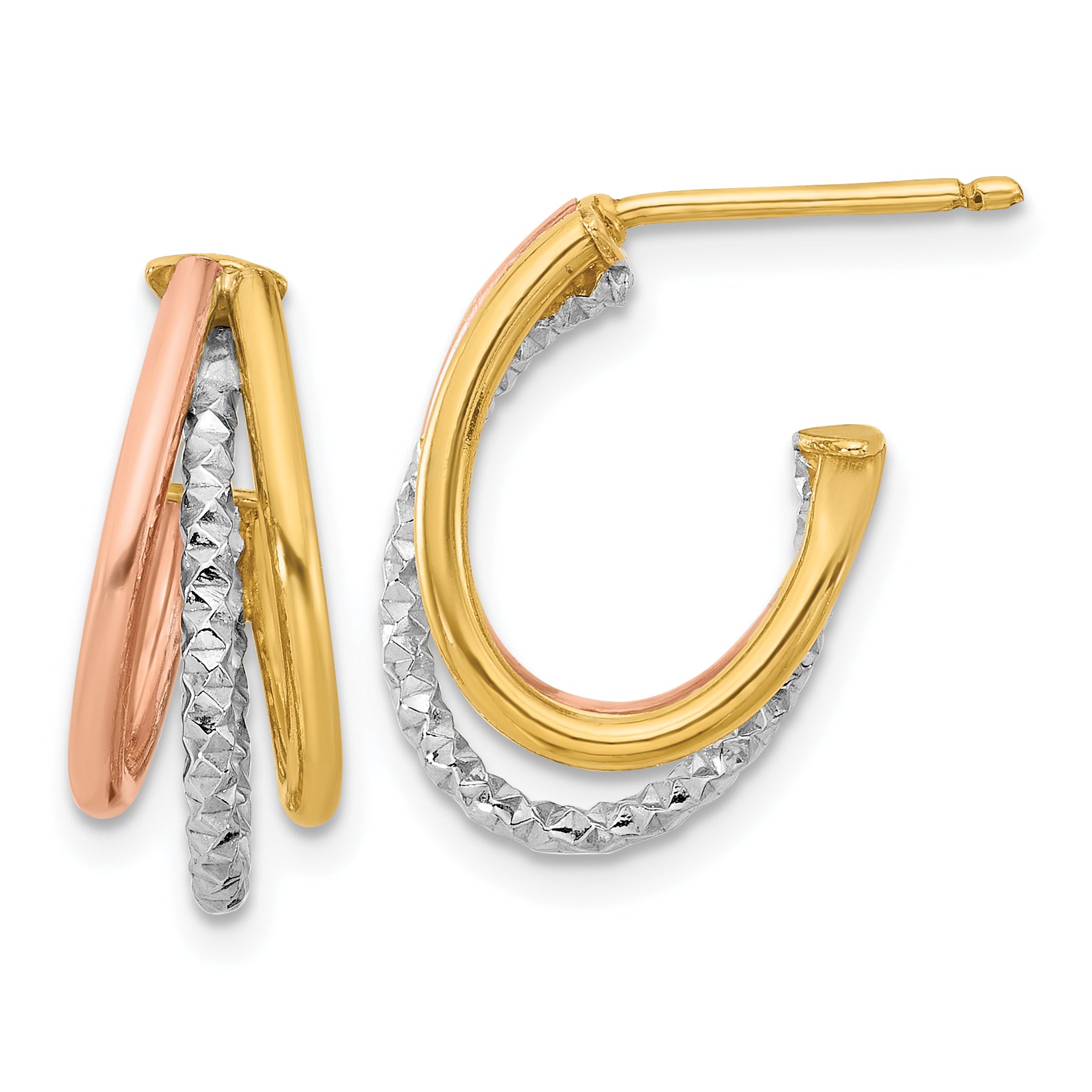14K with White Rhodium and Rose Gold Plating Textured 3 Row Post J-Hoop Earrings Main image
