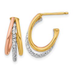 14K with White Rhodium and Rose Gold Plating Textured 3 Row Post J-Hoop Earrings