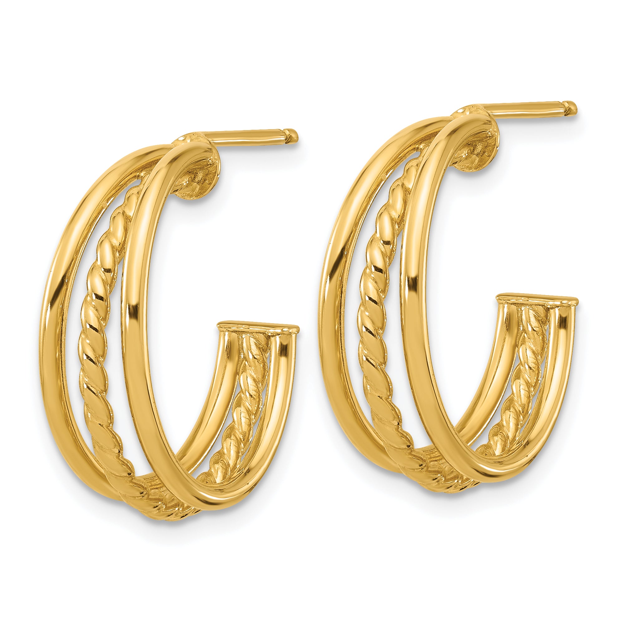 14K Polished and Textured 3-Row Round J-Hoop Post Earrings Secondary image