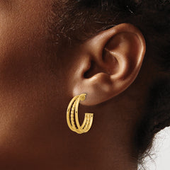 14K Polished and Textured 3-Row Round J-Hoop Post Earrings