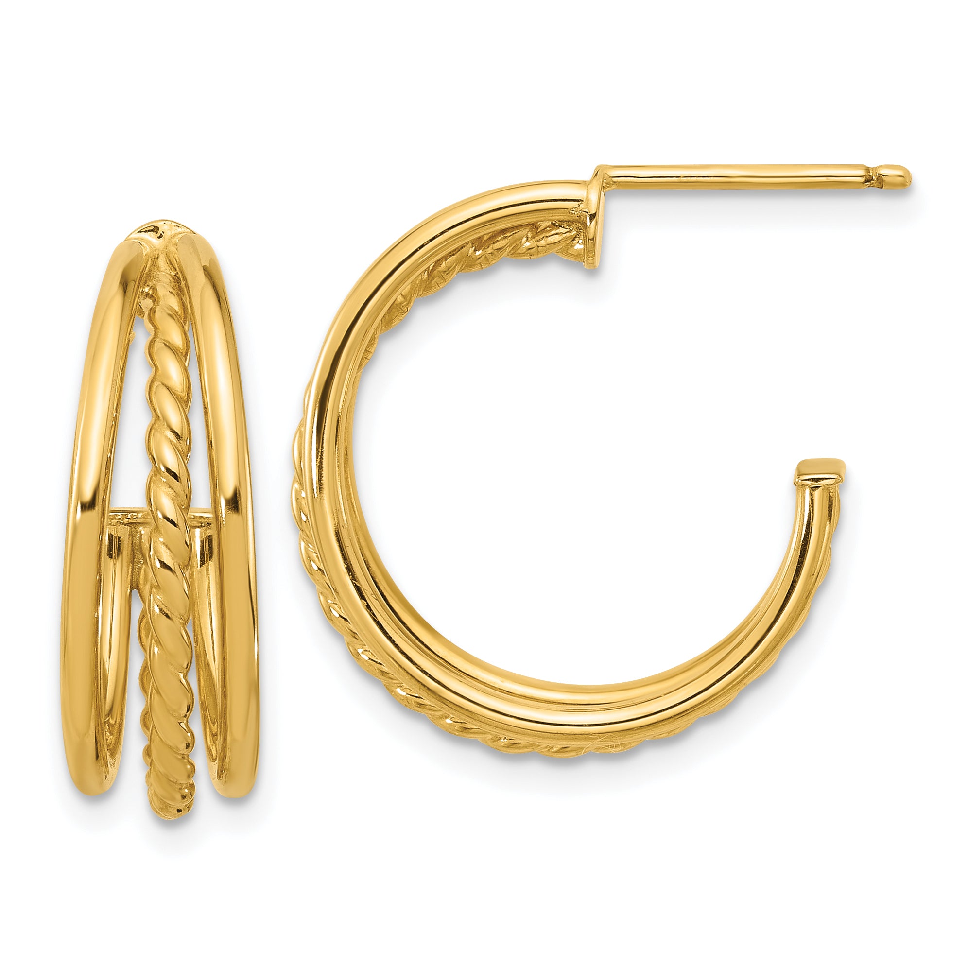 14K Polished and Textured 3-Row Round J-Hoop Post Earrings Main image