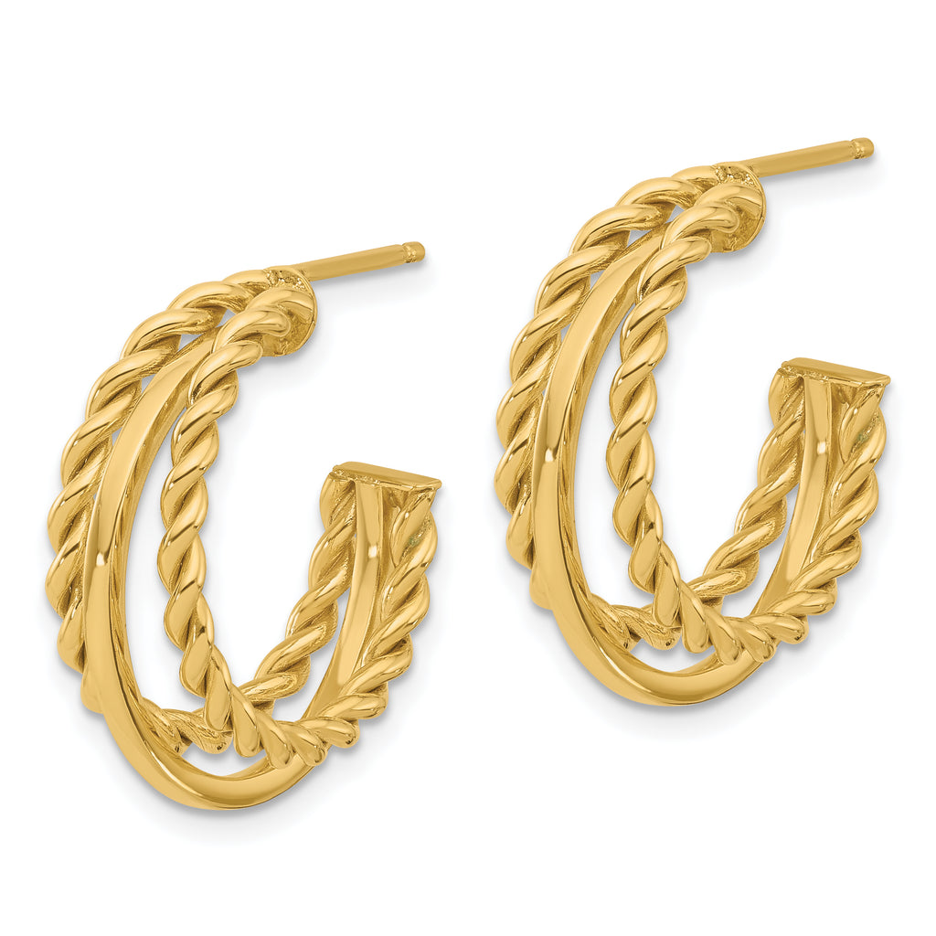 14K Polished and Textured 3-Row Round J-Hoop Post Earrings
