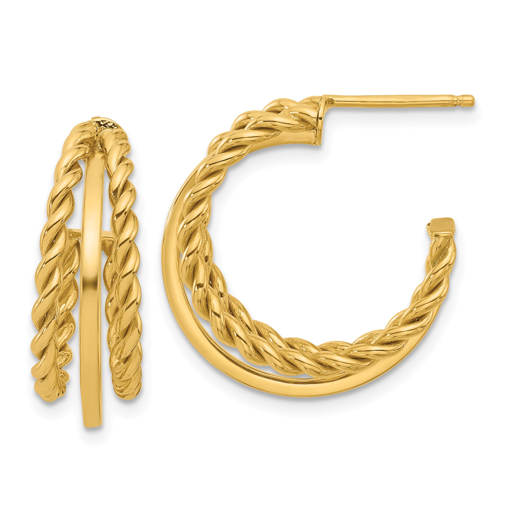 14K Polished and Textured 3-Row Round J-Hoop Post Earrings Main image