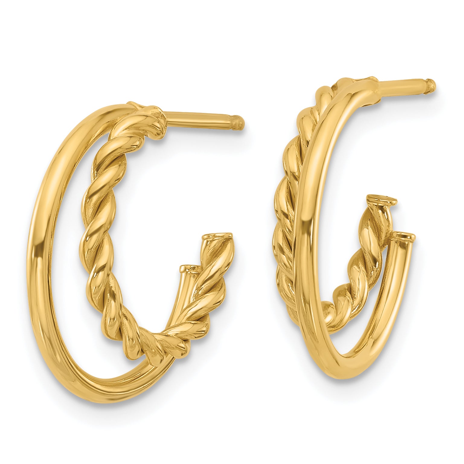 14K Polished and Textured 2-Row J-Hoop Post Earrings Secondary image