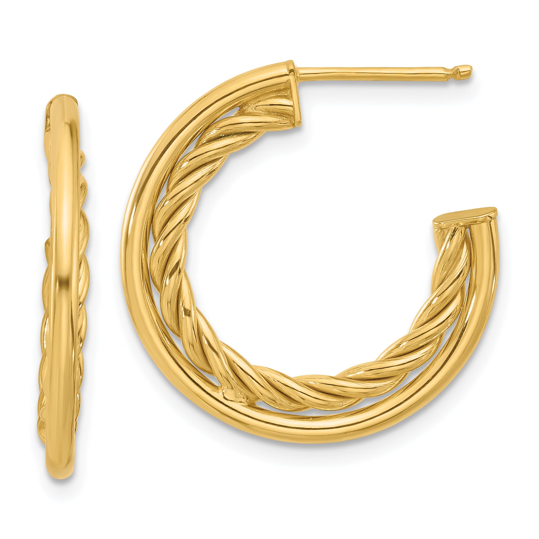 14K Polished and Textured  J-Hoop Post Earrings Main image