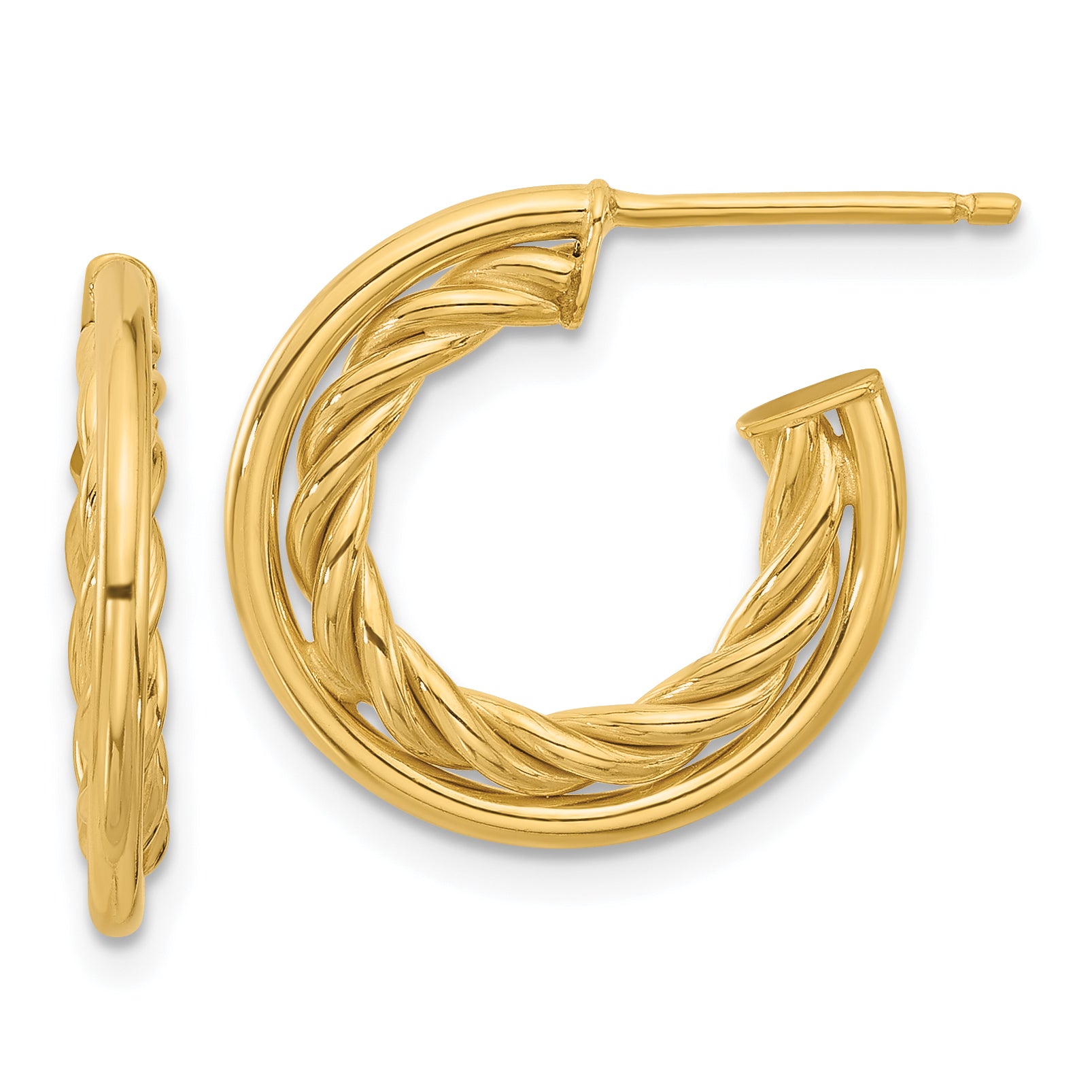 14K Polished and Textured  J-Hoop Post Earrings Main image