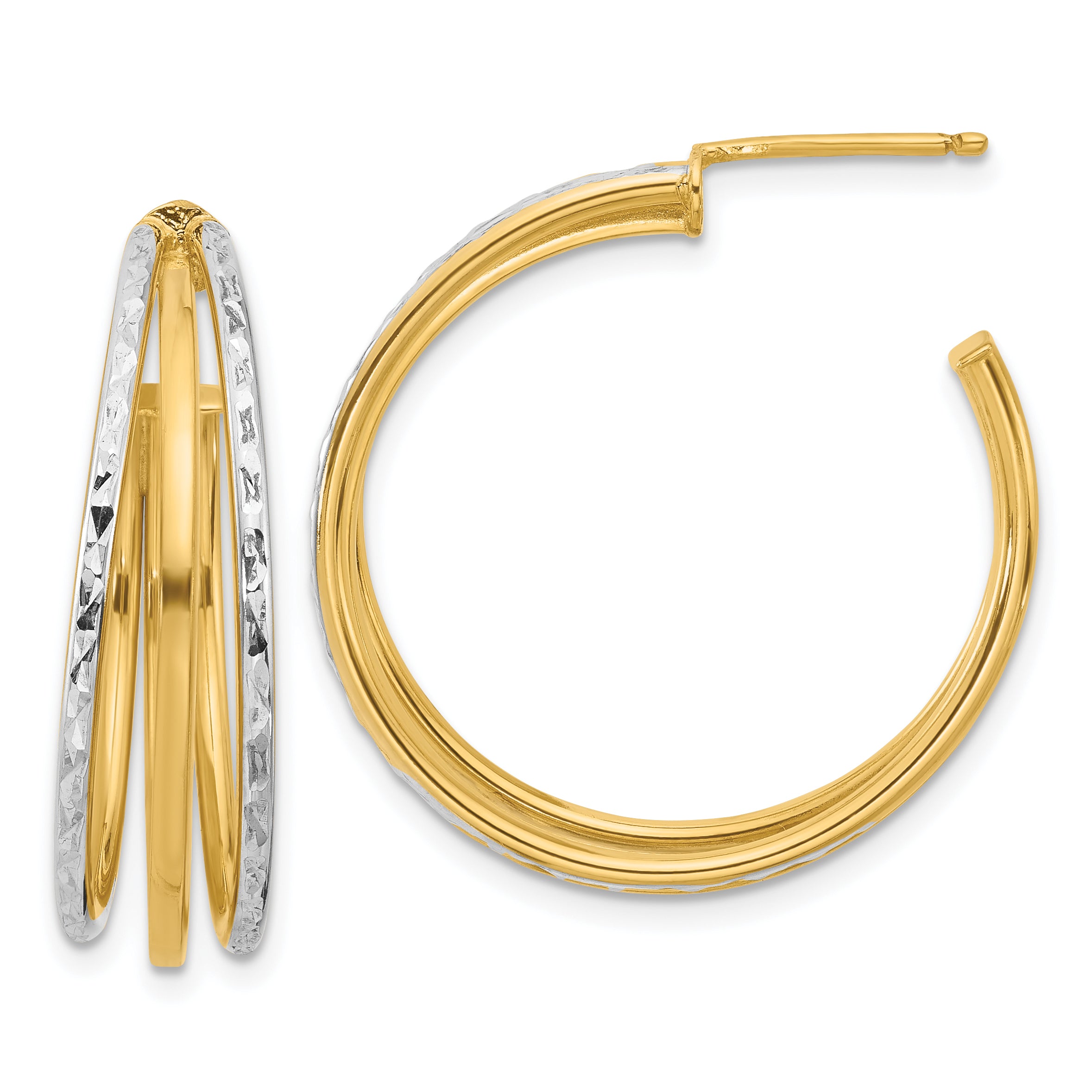 14K w/White Rhodium and D/C 3-Row Round J-Hoop Post Earrings Main image