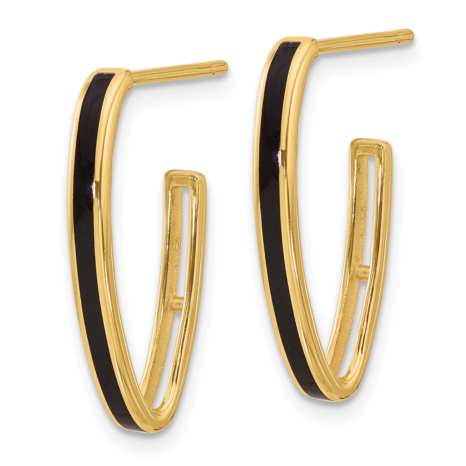 14K Polished with Black Enamel Oval J-hoop Post Earrings Secondary image
