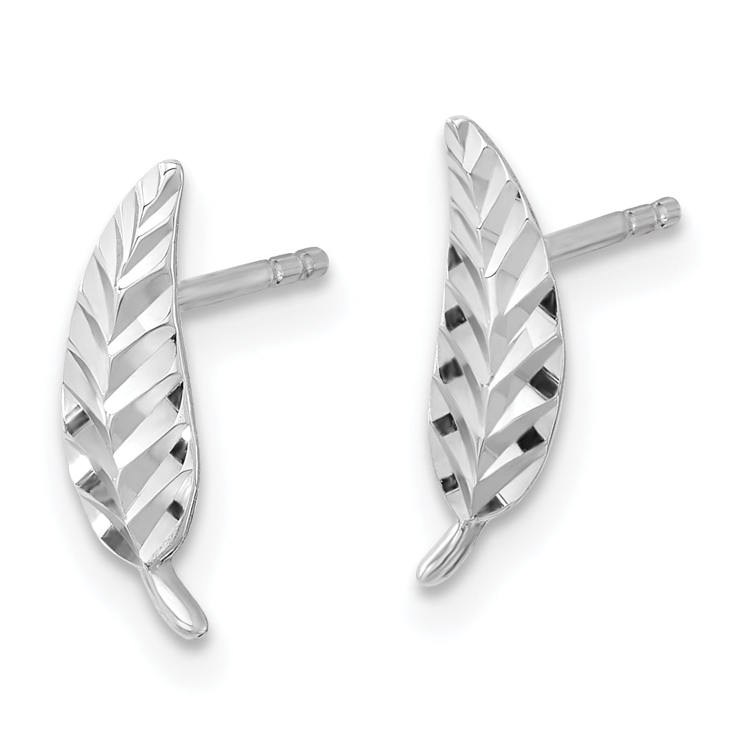 14K White Gold Polished and Diamond-cut Leaf Post Earrings Secondary image