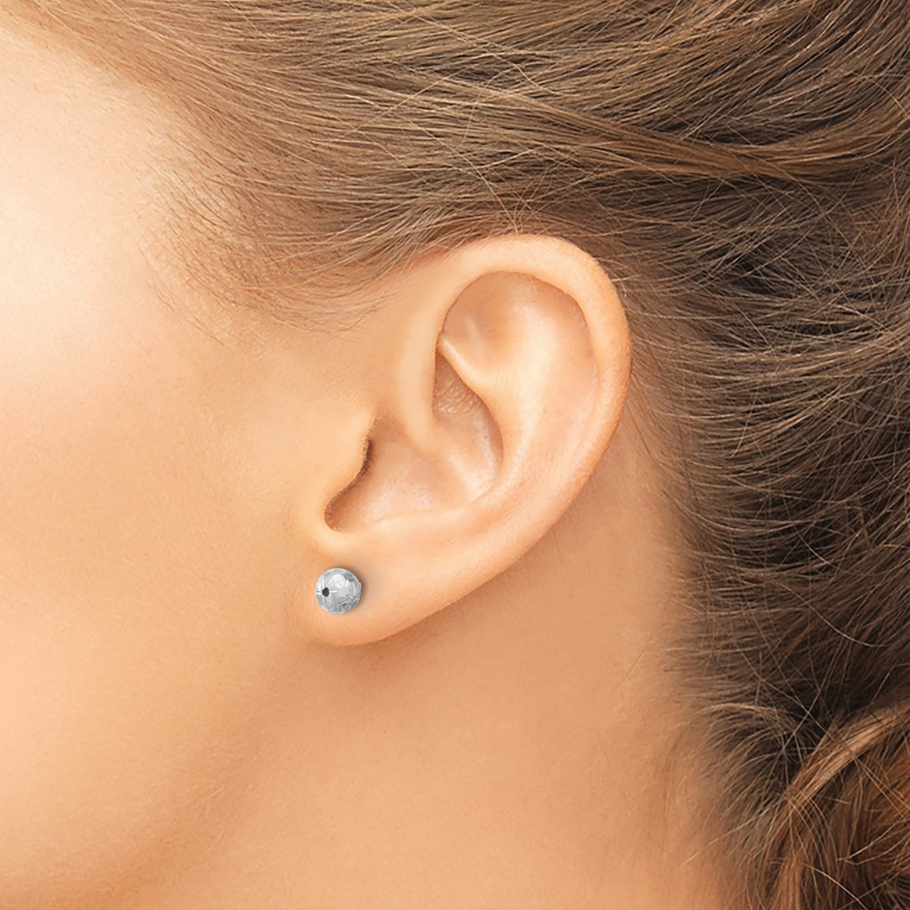 14K White Gold Polished/Satin and Diamond-cut Ball Post Earrings