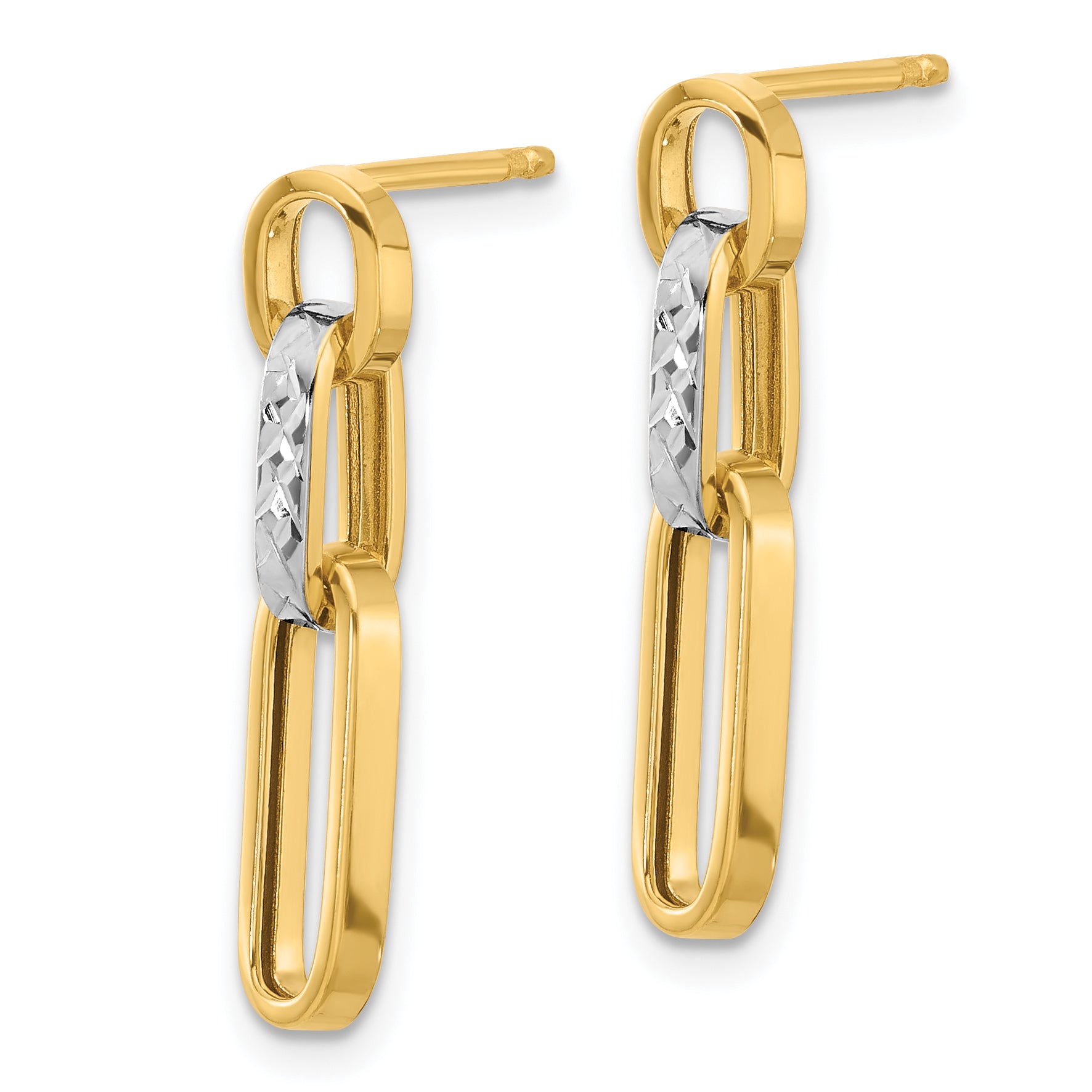 14K w/Rhodium Polished and D/C Link Dangle Post Earrings