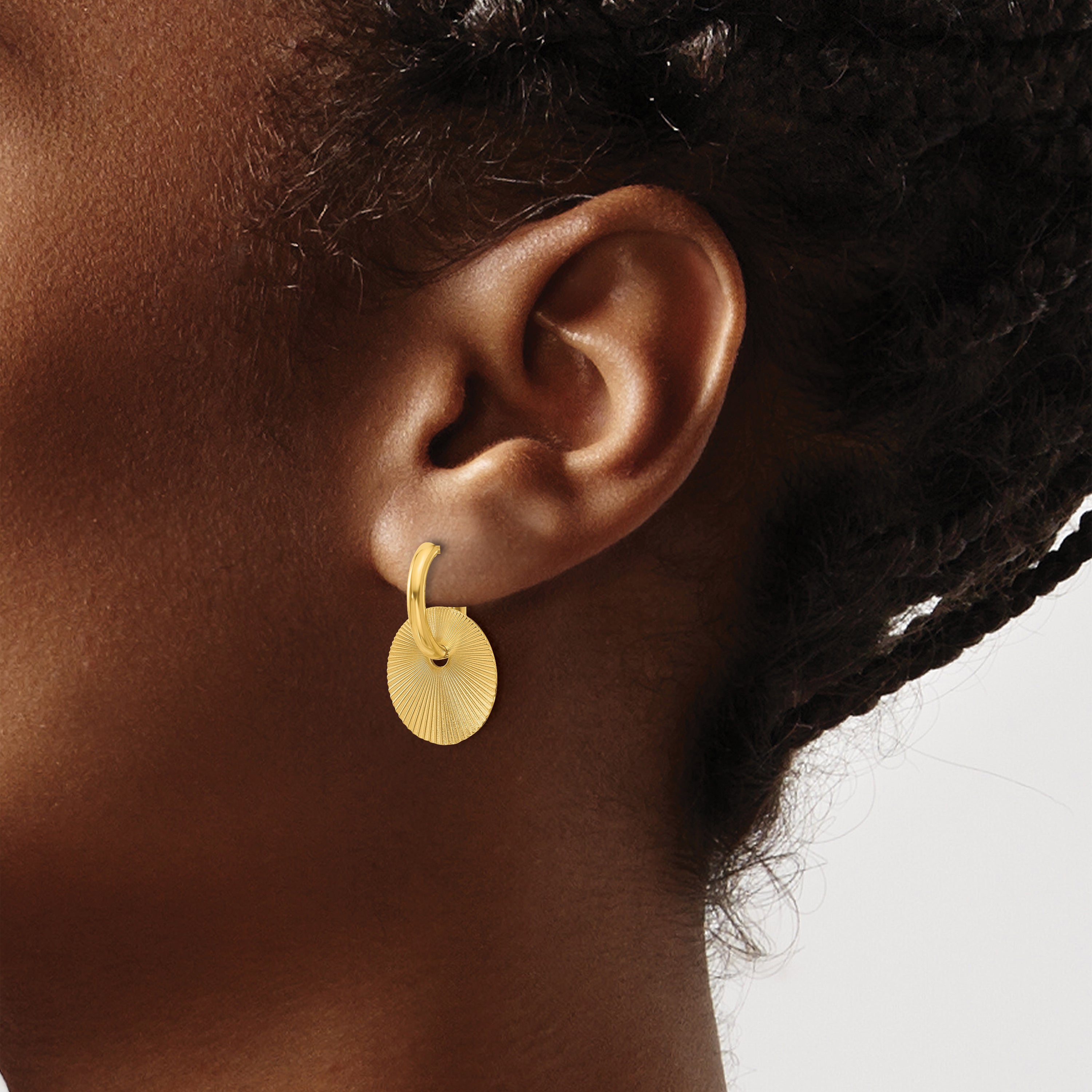 14K Polished and Textured Circle Dangle Post Earrings