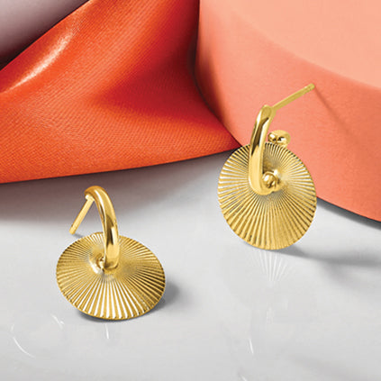 14K Polished and Textured Circle Dangle Post Earrings