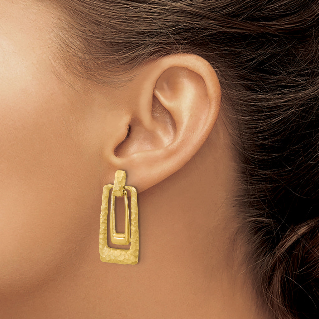 14K Polished and Satin Rectangle Dangle Post Earrings