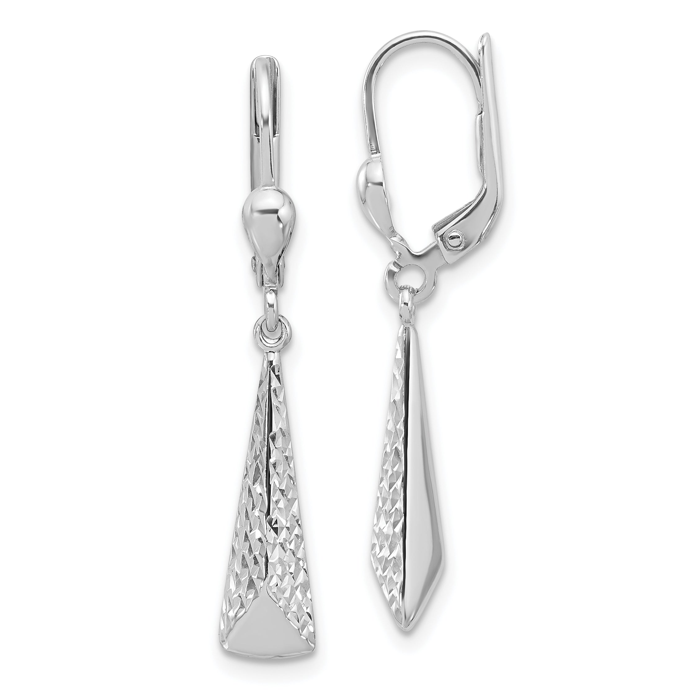 14K White Gold Polished/Diamond-cut Dangle Leverback Earrings