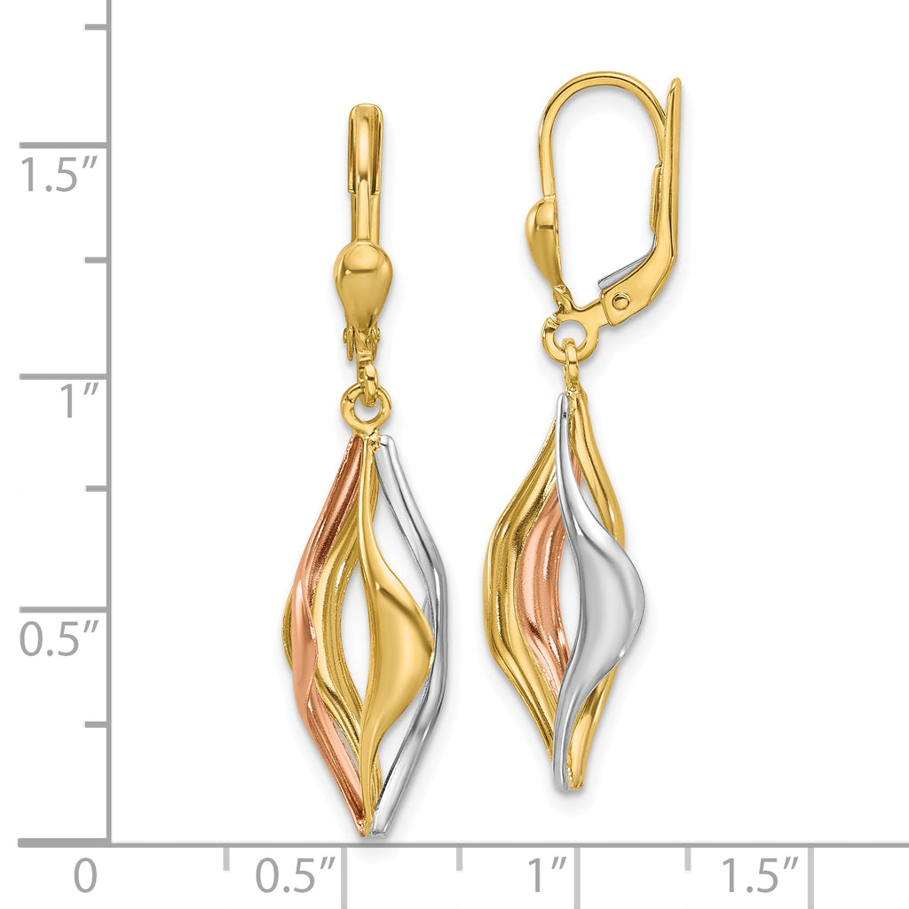 14K Tri-Color Polished Dangle Leverback Earrings