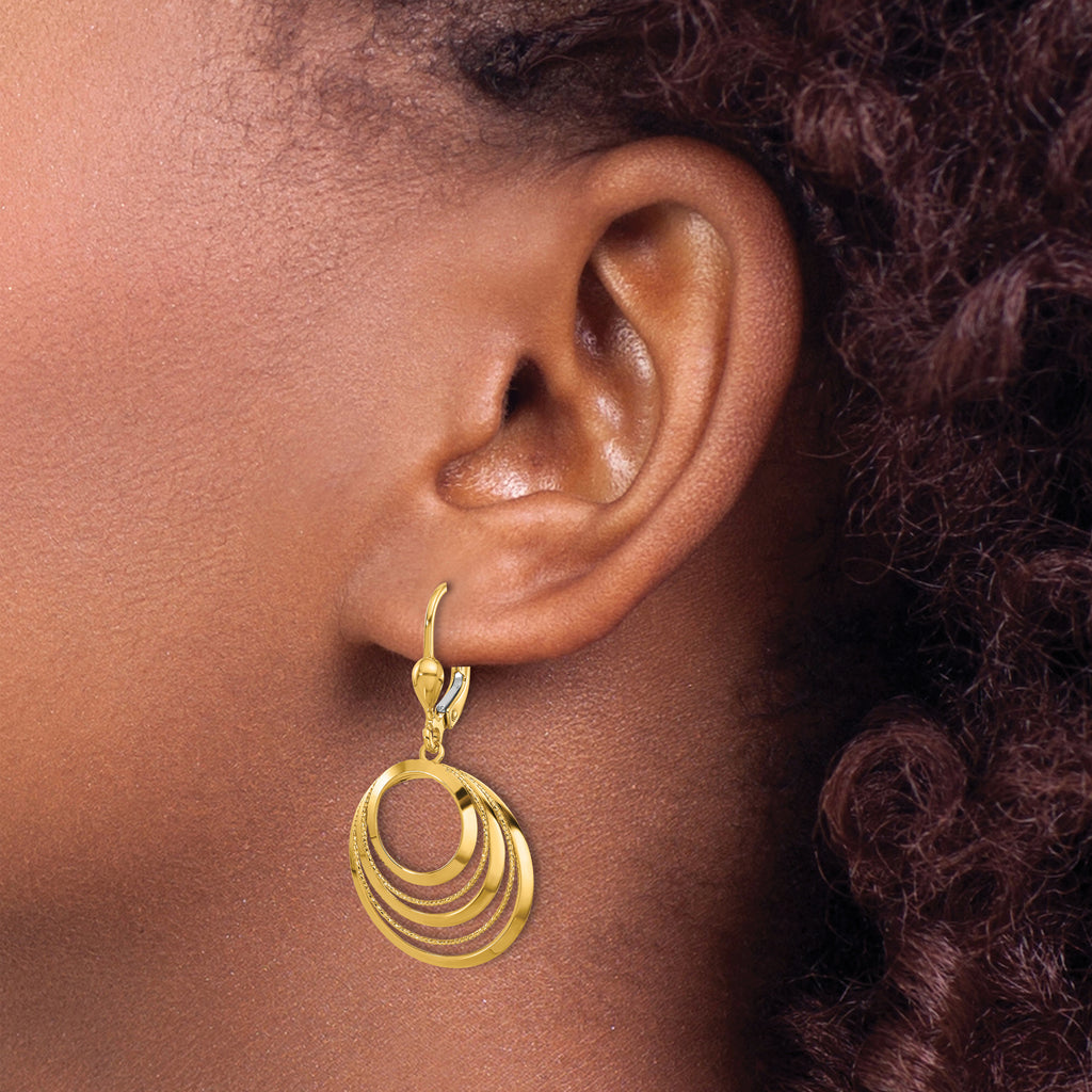 14K Polished and Diamond-cut Circles Dangle Leverback Earrings