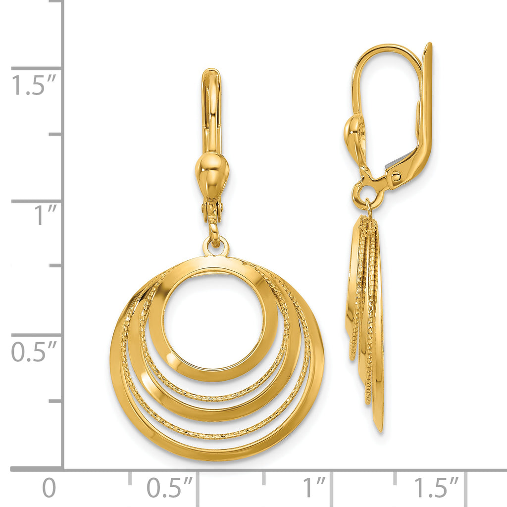 14K Polished and Diamond-cut Circles Dangle Leverback Earrings