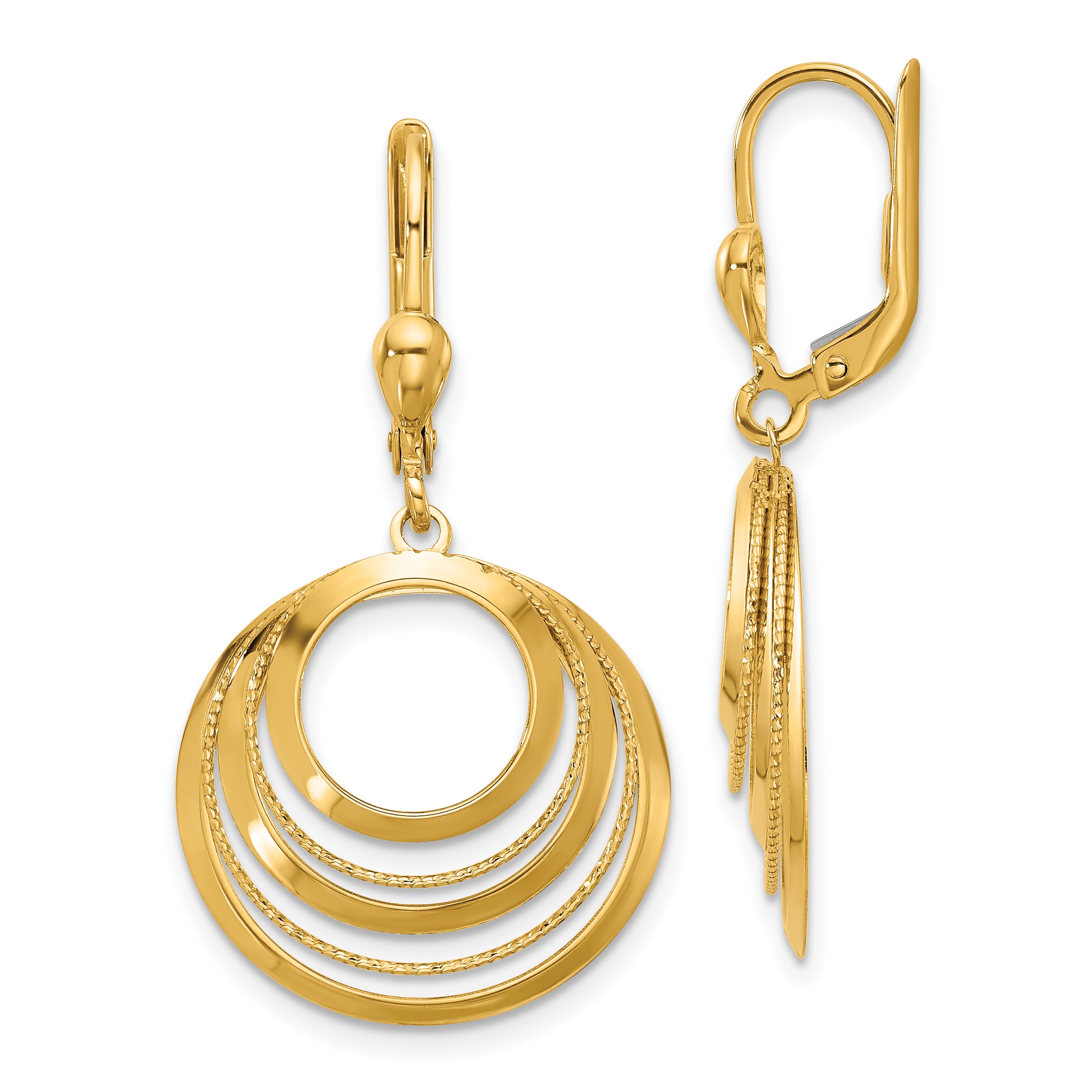 14K Polished and Diamond-cut Circles Dangle Leverback Earrings Main image