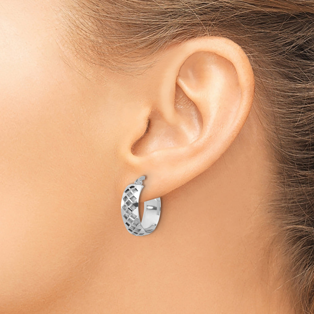 14K White Gold Polished and Brushed Fancy Hoop Earrings