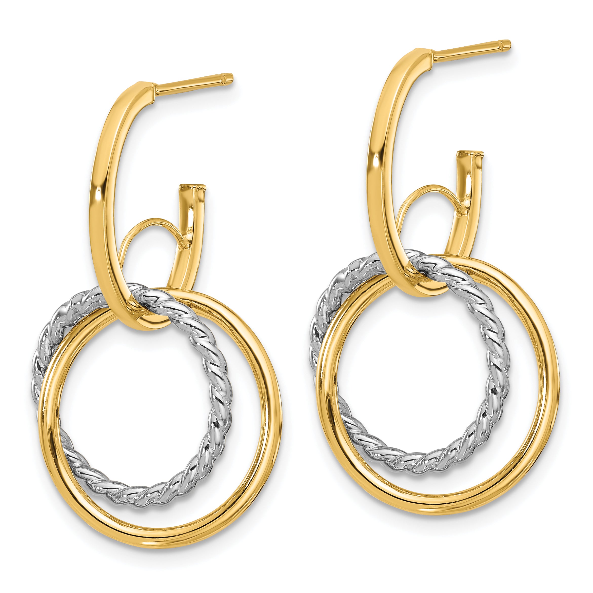 14K w/Rhodium Polished/Twisted Circles J-Hoop Post Earrings Secondary image
