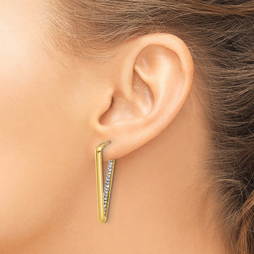 14K Polished with Crystal Triangle Hoop Earrings