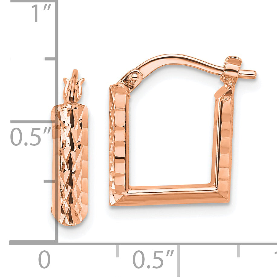 14K w/Rose RH-plat Polished/Dia-cut Square Hoop Earrings