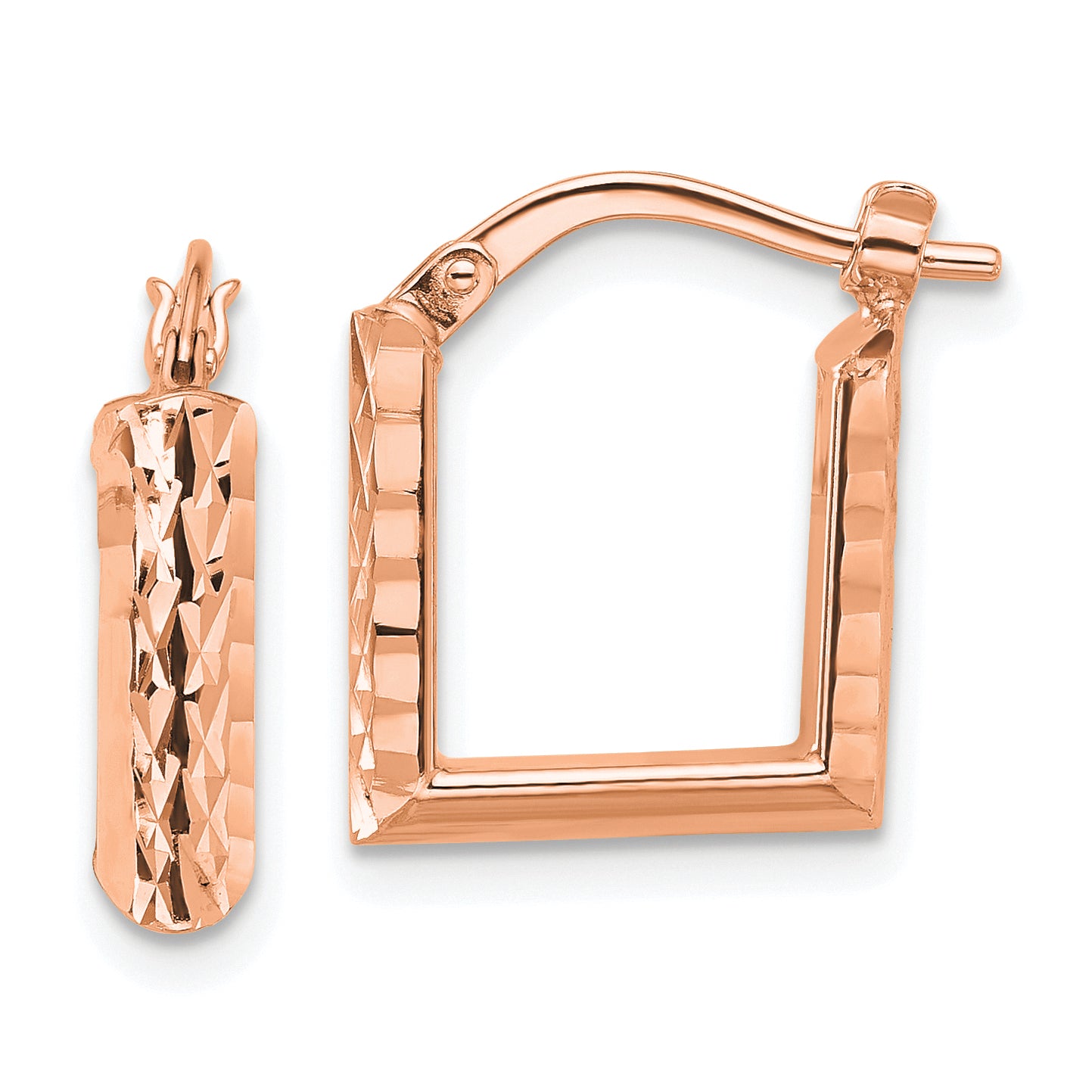 14K w/Rose RH-plat Polished/Dia-cut Square Hoop Earrings Main image