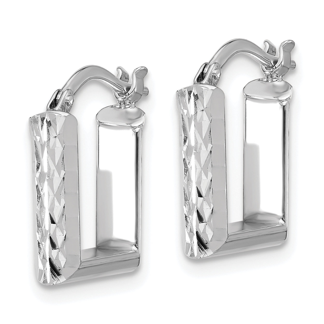 14K w/White RH-plat Polished/Dia-cut Square Hoop Earrings Secondary image