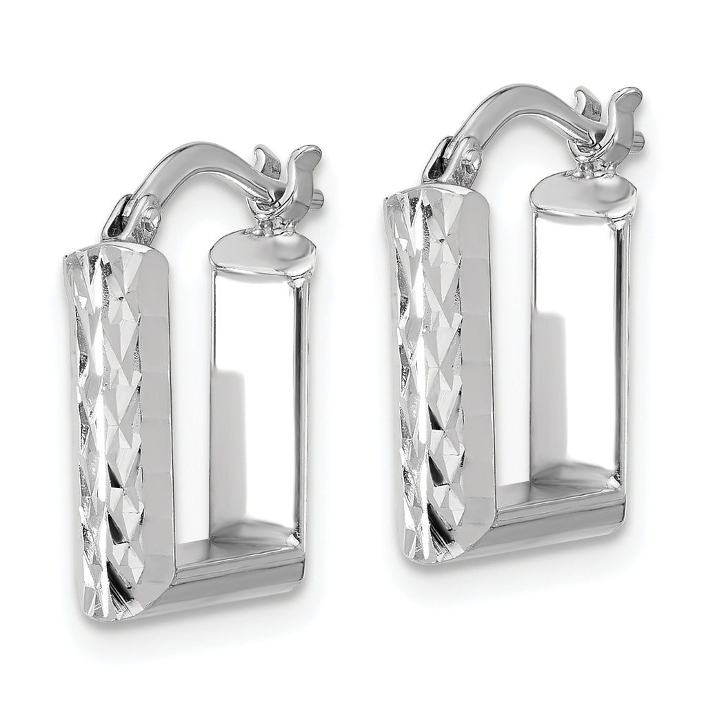 14K w/White RH-plat Polished/Dia-cut Square Hoop Earrings