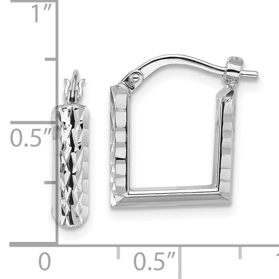 14K w/White RH-plat Polished/Dia-cut Square Hoop Earrings