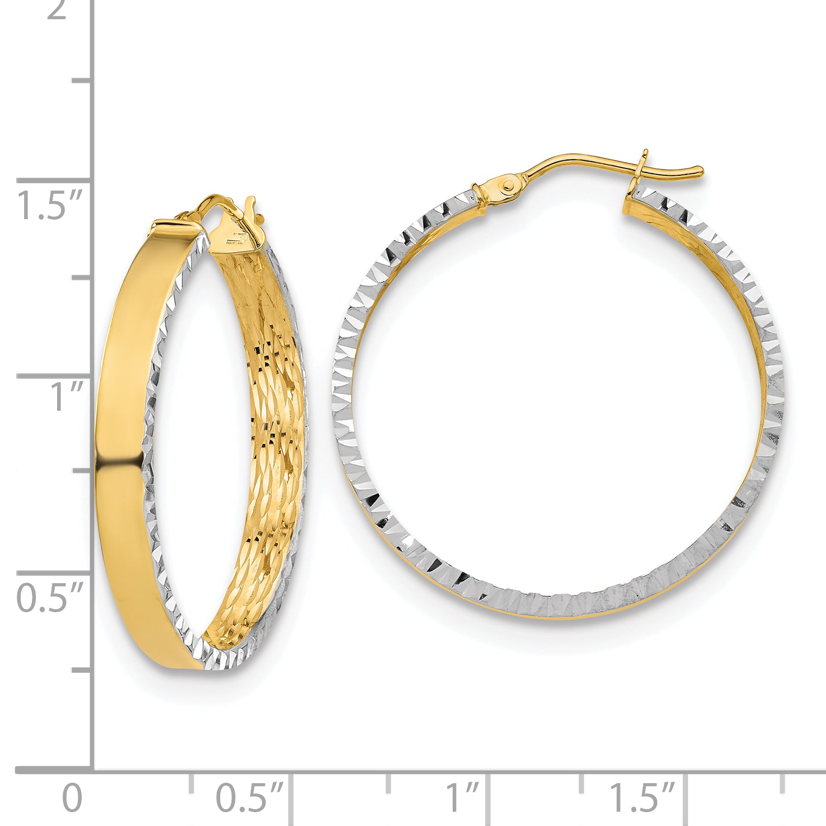 14K W/White Rhodium Polished and Diamond-cut Hoop Earrings