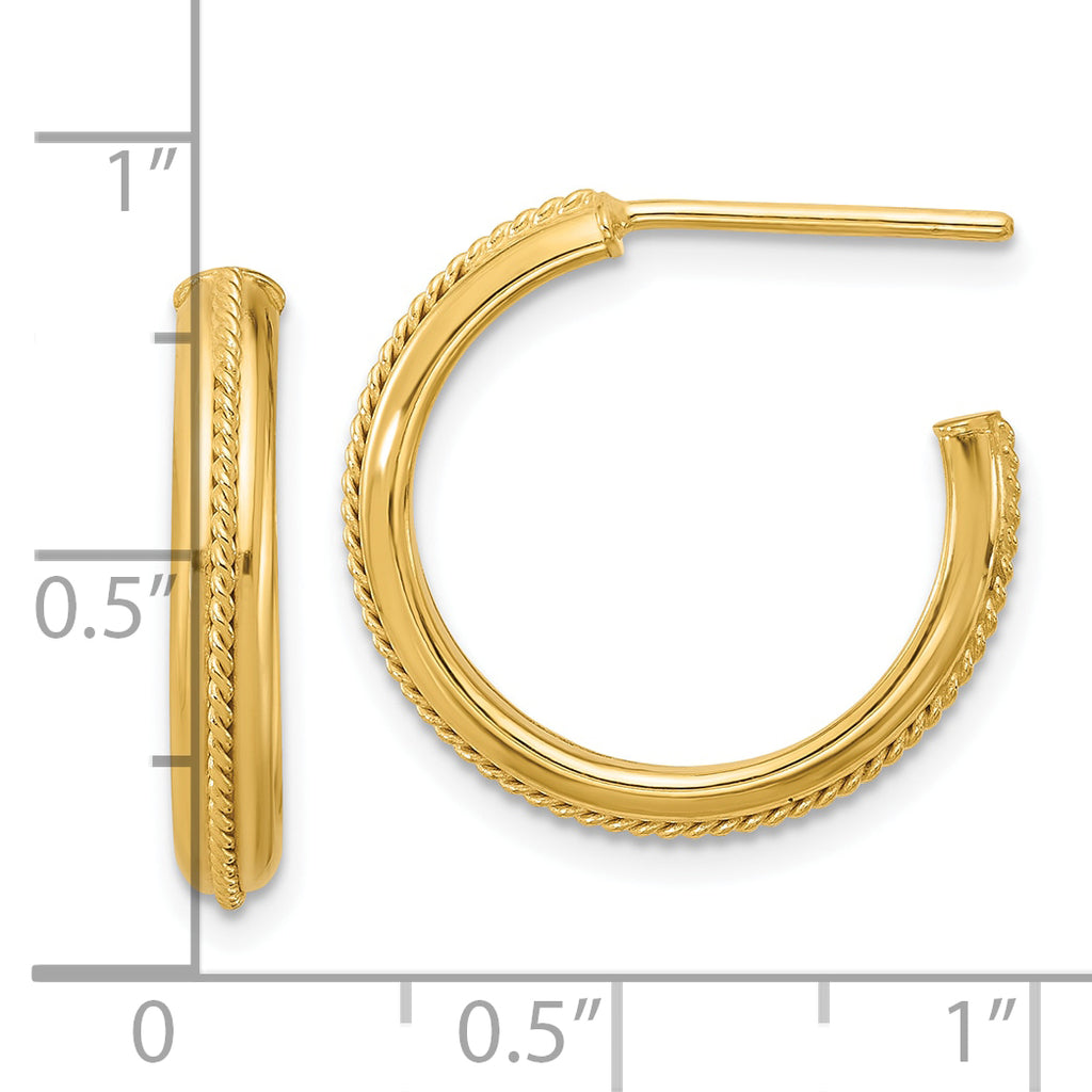 14K Polished and Textured Round J-Hoop Earrings