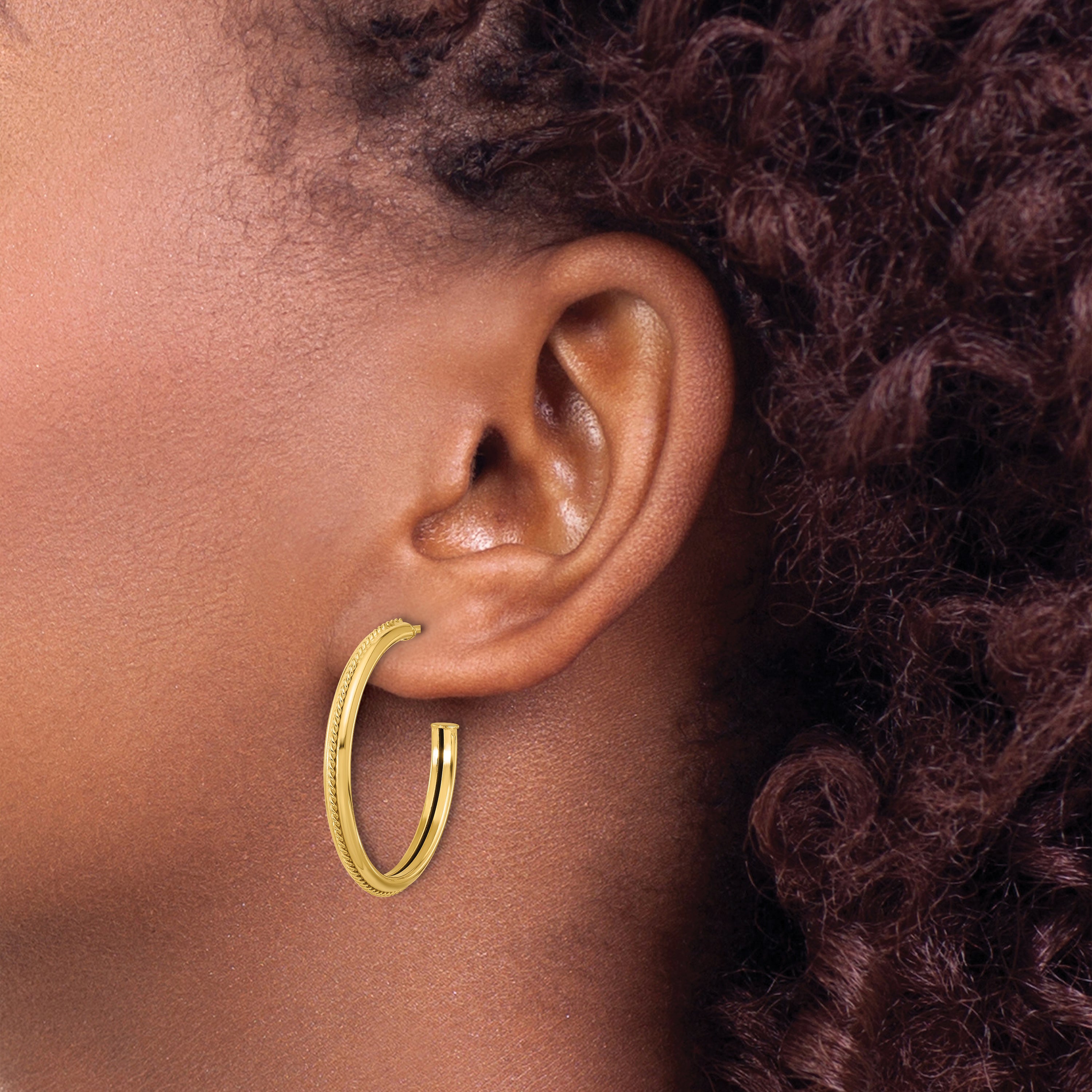 14K Polished and Textured Round J-Hoop Earrings