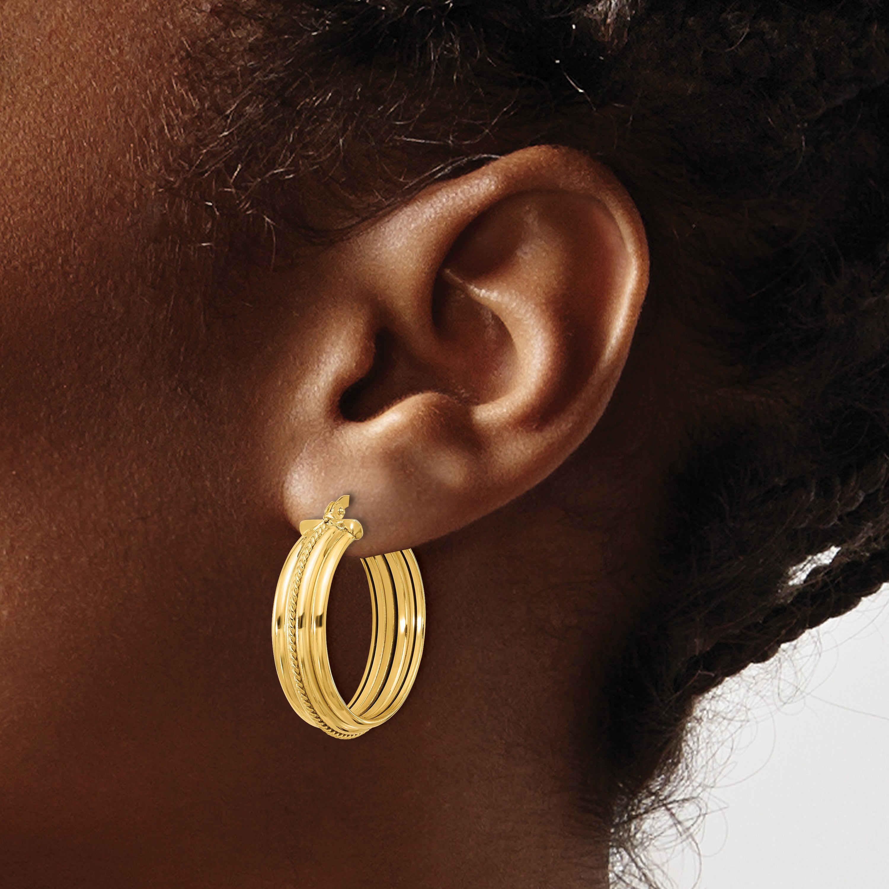 14K Polished and Textured Round Hoop Earrings