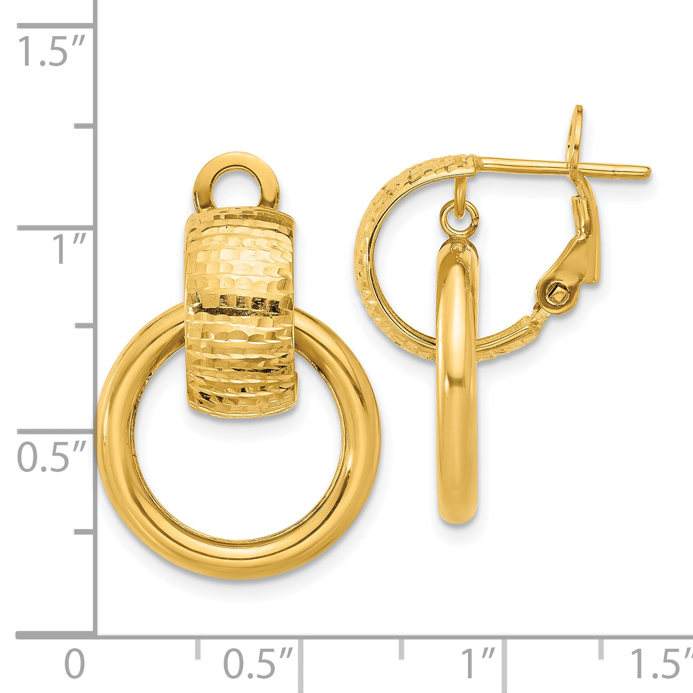 14K Polished and D/C Circle Dangle Omega Back Earrings