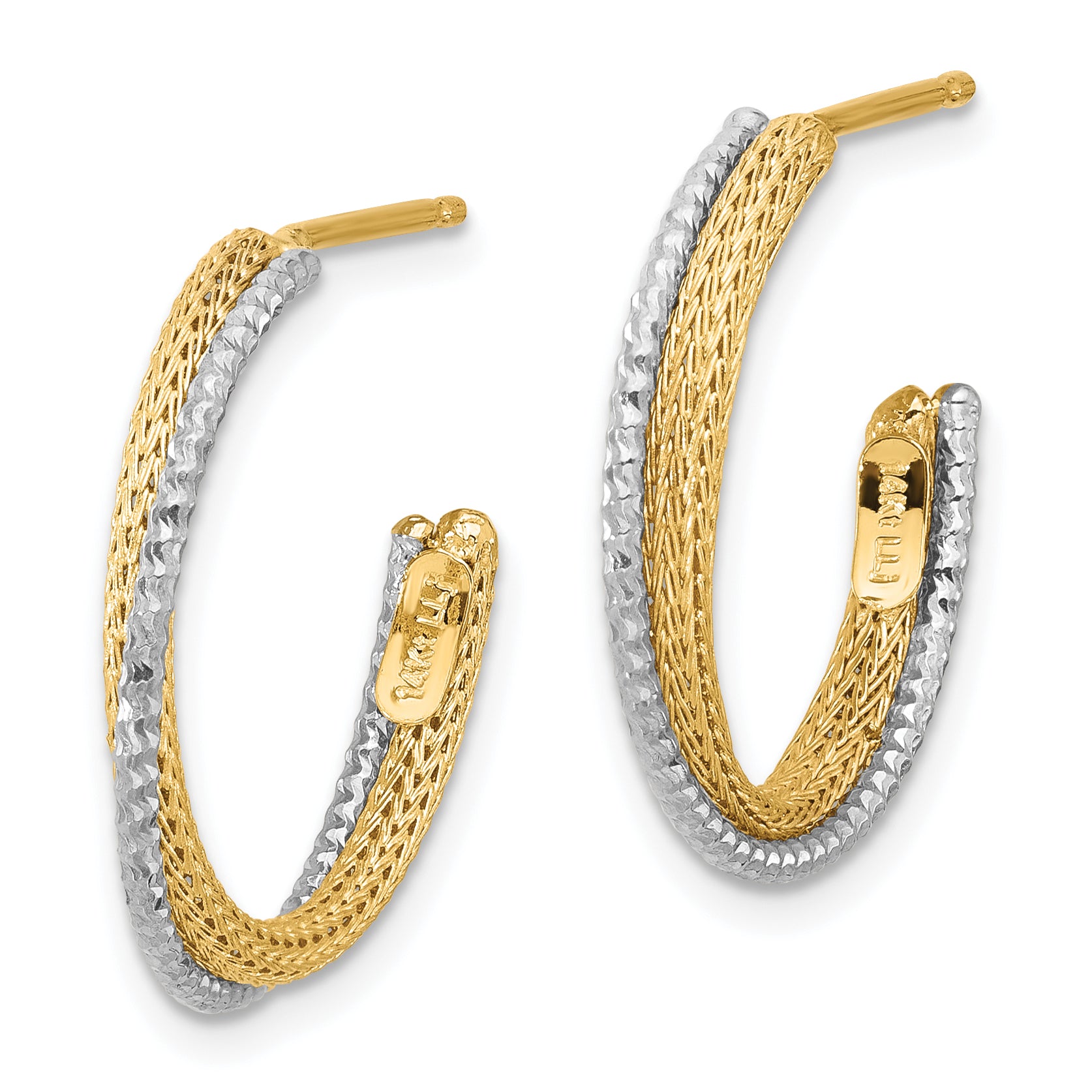 14K w/Rhodium Polished/Textured/Dia-cut J-Hoop Earrings Secondary image