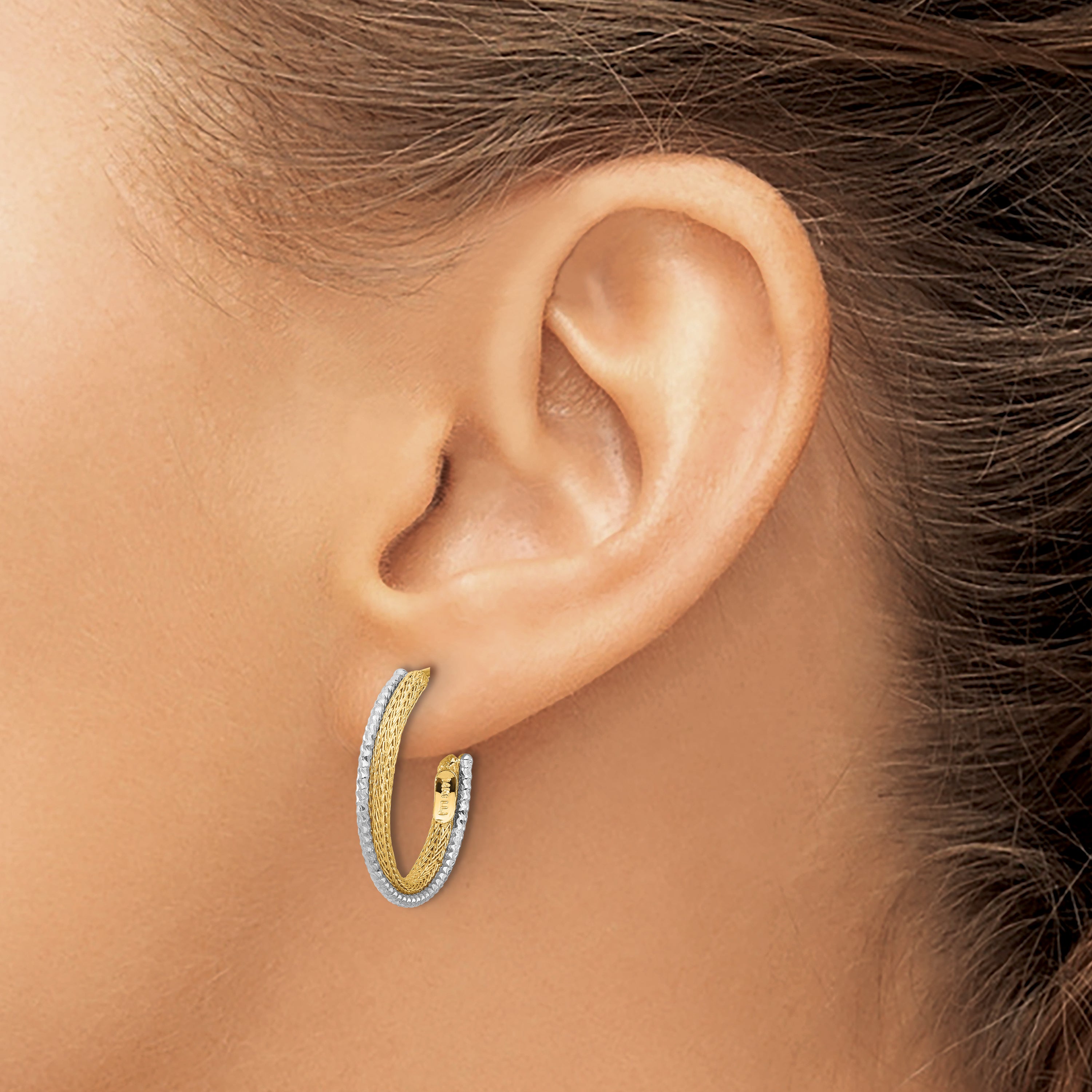 14K w/Rhodium Polished/Textured/Dia-cut J-Hoop Earrings
